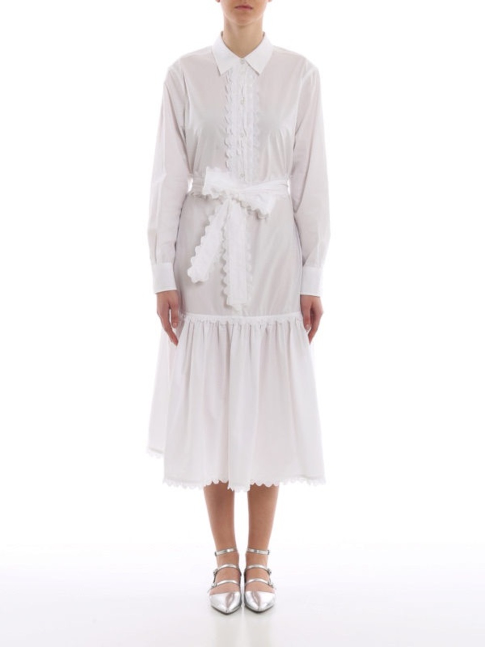 Tory Burch White Scalloped Trim Midi Shirt Dress
